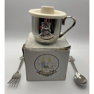 VTG Silver Plated Baby Sippy Cup & W/LID, Fork And Spoon W/ Teddy Bear Design